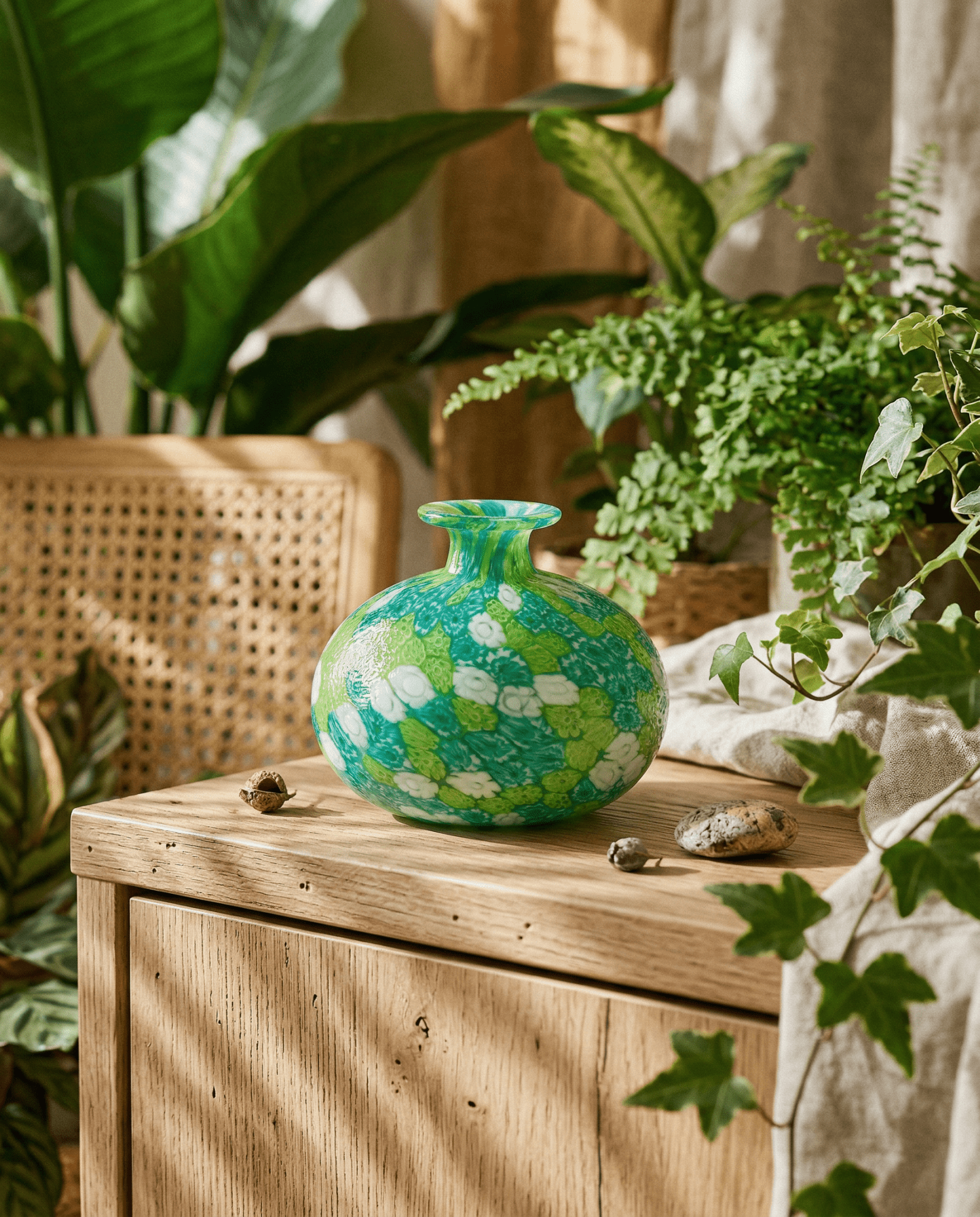 Laguna Fiorita – Murano Glass Onion Vase with Green Floral Murrine