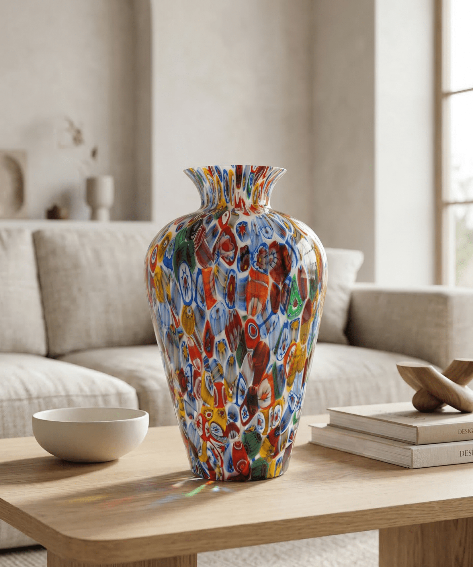Murano Glass Amphora Vase with Murrine Millefiori, 37 cm