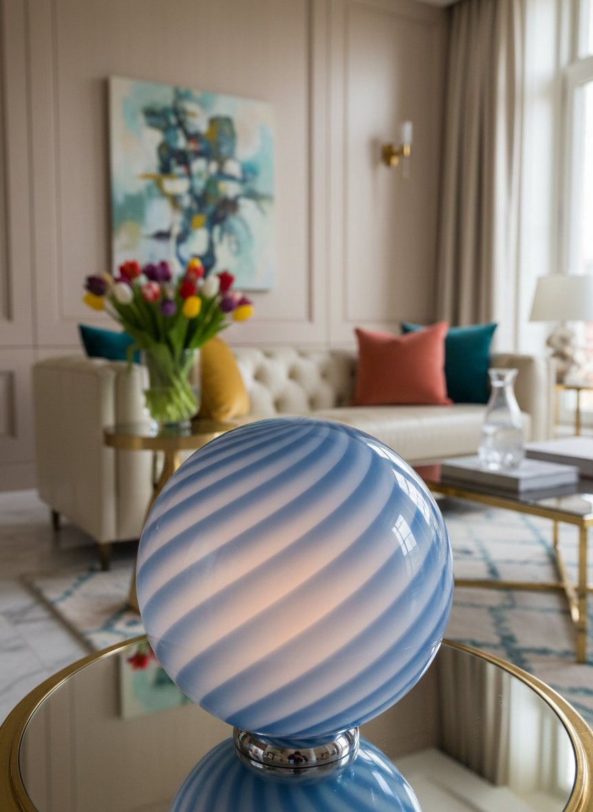 Candy Murano glass sphere table lamp blueberry blue swirl D30