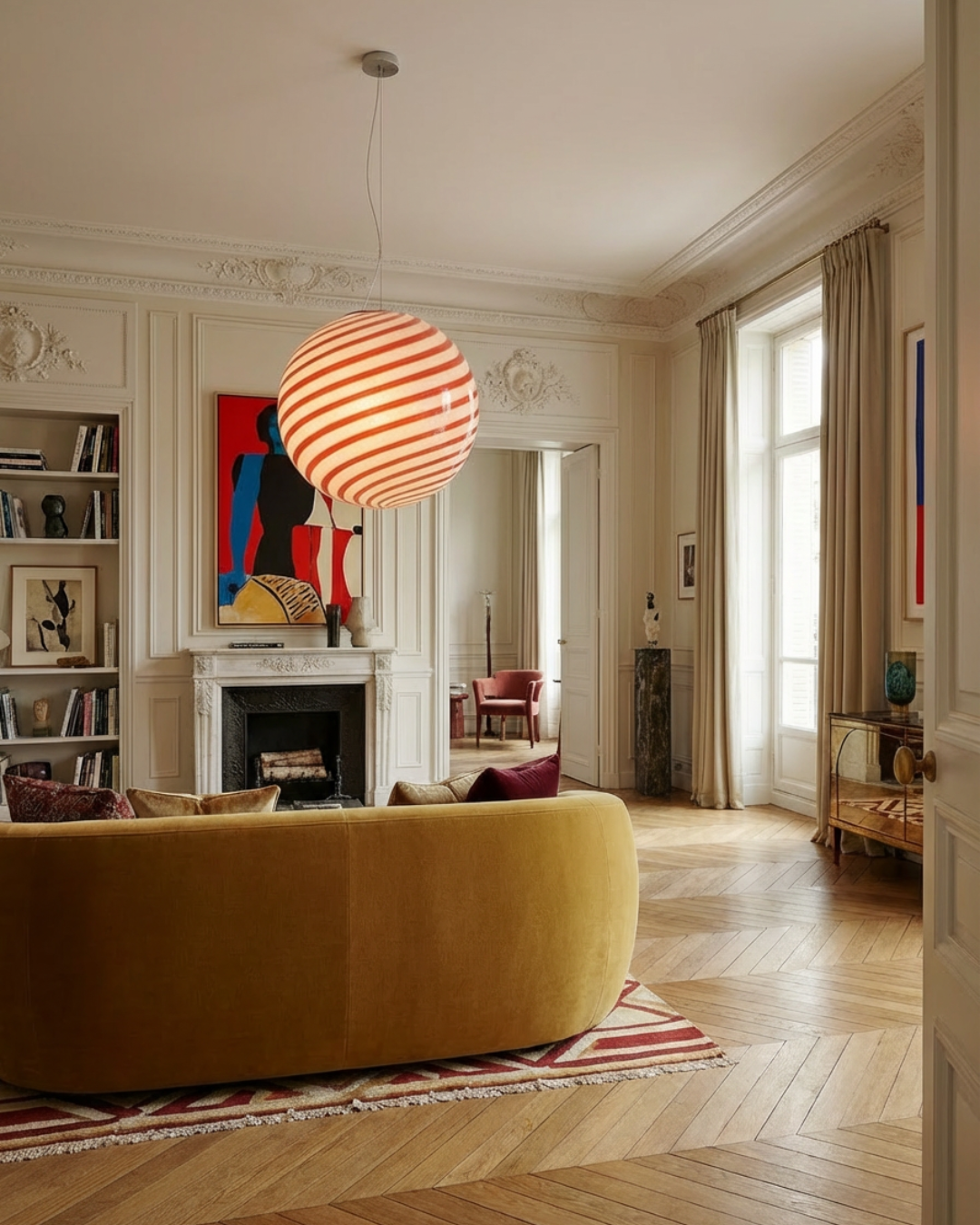 Lampada a sospensione a sfera Candy in vetro di Murano con vortice rosso e bianco D40