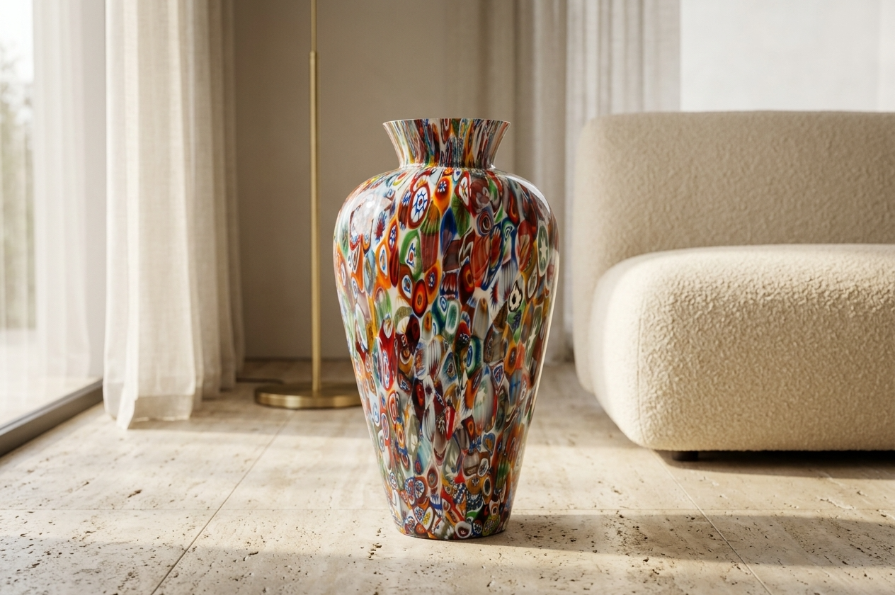 Vaso Anfora in Vetro di Murano con Murrine Millefiori, 48 cm