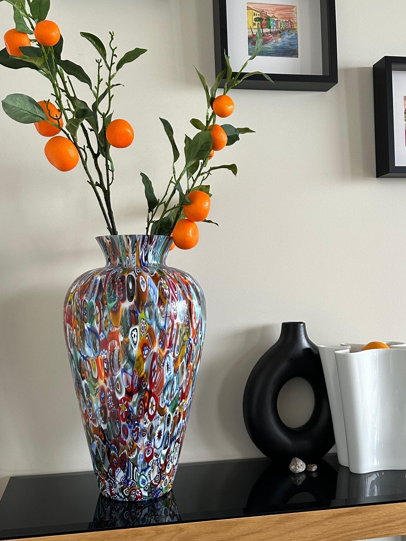 Murano Glass Amphora Vase with Murrine Millefiori, 48 cm