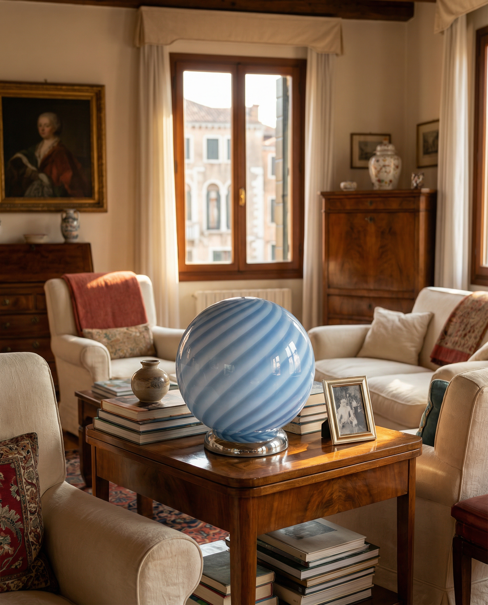 Lampada da tavolo Candy a sfera in vetro di Murano blu mirtillo a vortice D20