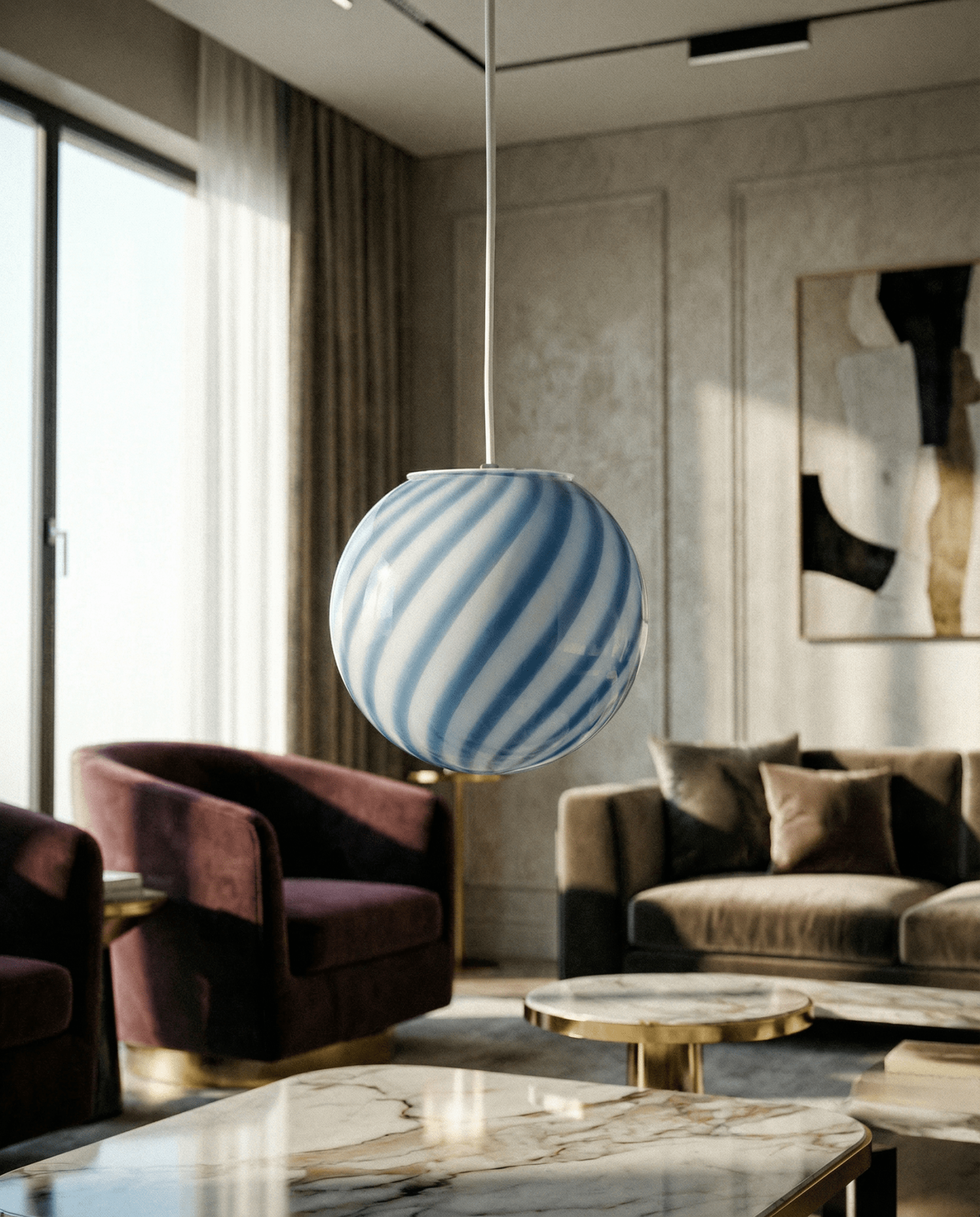 Candy Murano glass sphere pendant lamp blueberry blue swirl D20