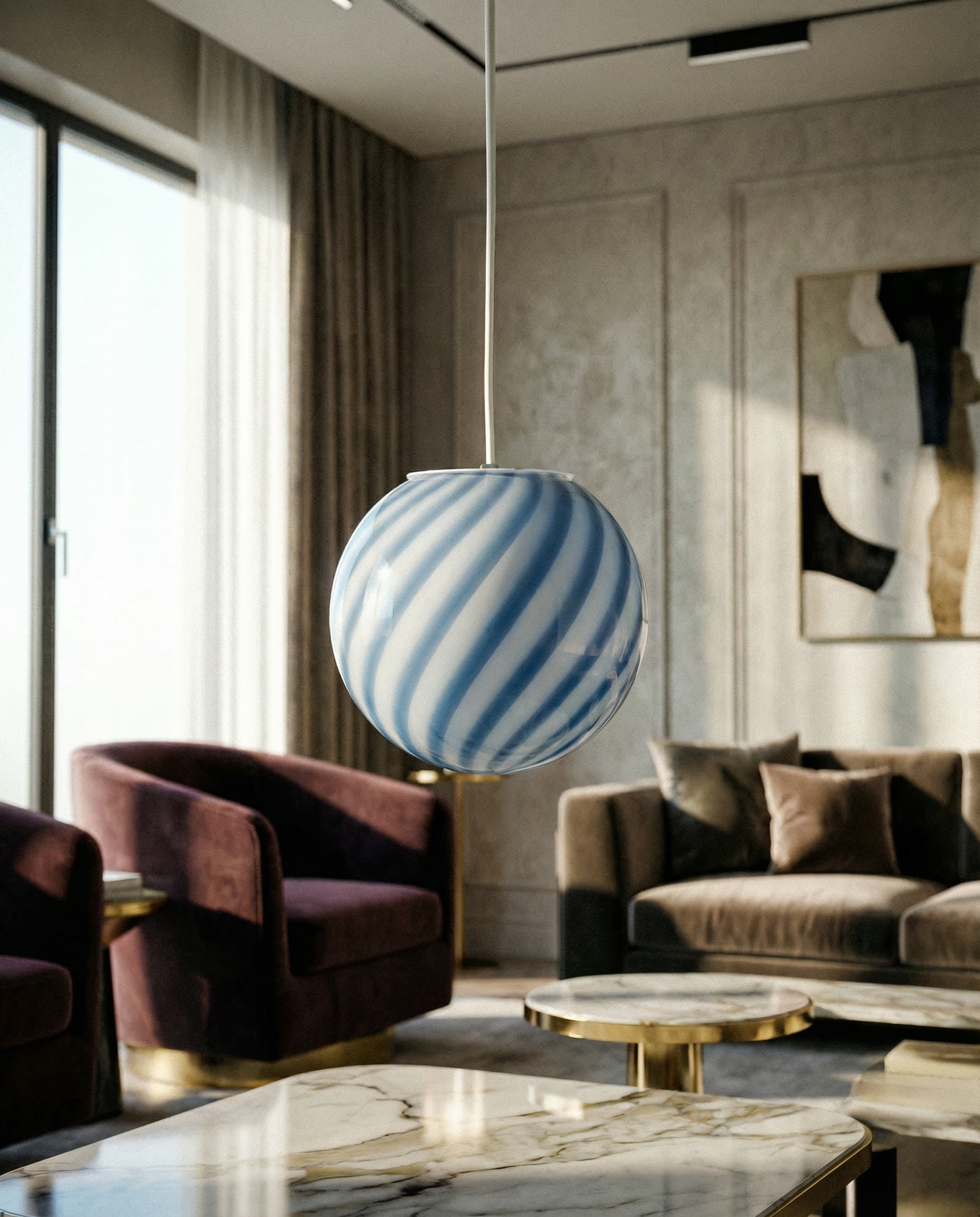 Lampada a sospensione Candy a sfera in vetro di Murano vortice blu mirtillo D20