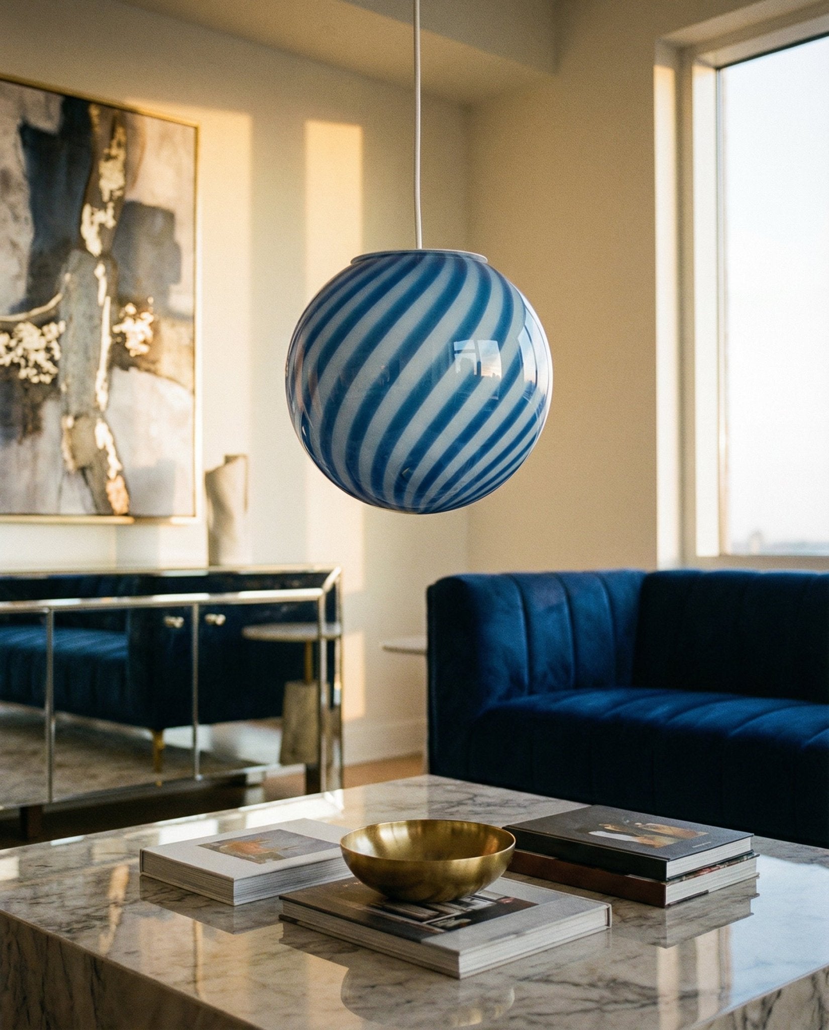 Candy Murano glass sphere pendant lamp blueberry blue swirl D20
