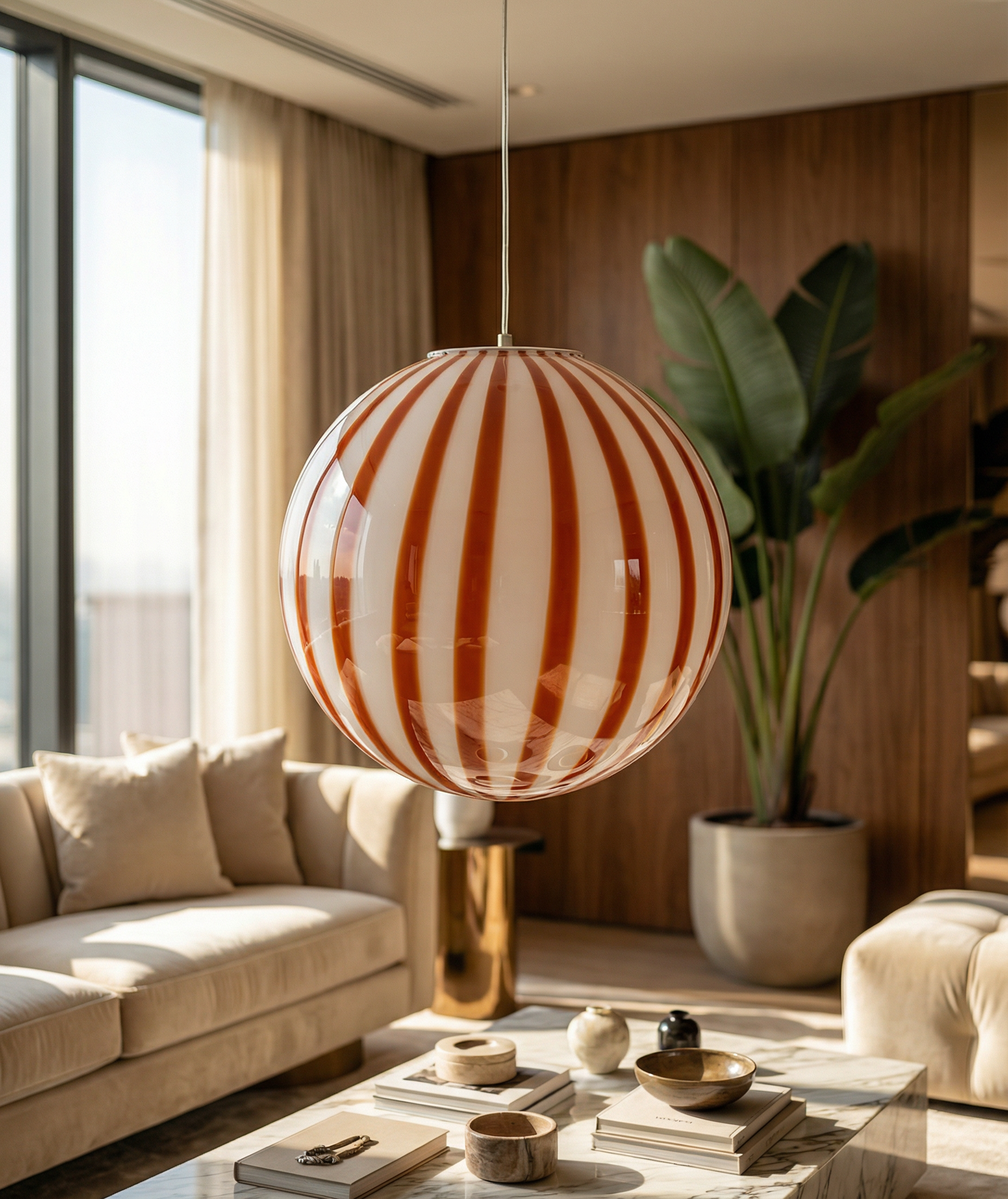 Lampada a sospensione Candy a sfera in vetro di Murano "caffè e latte" D30