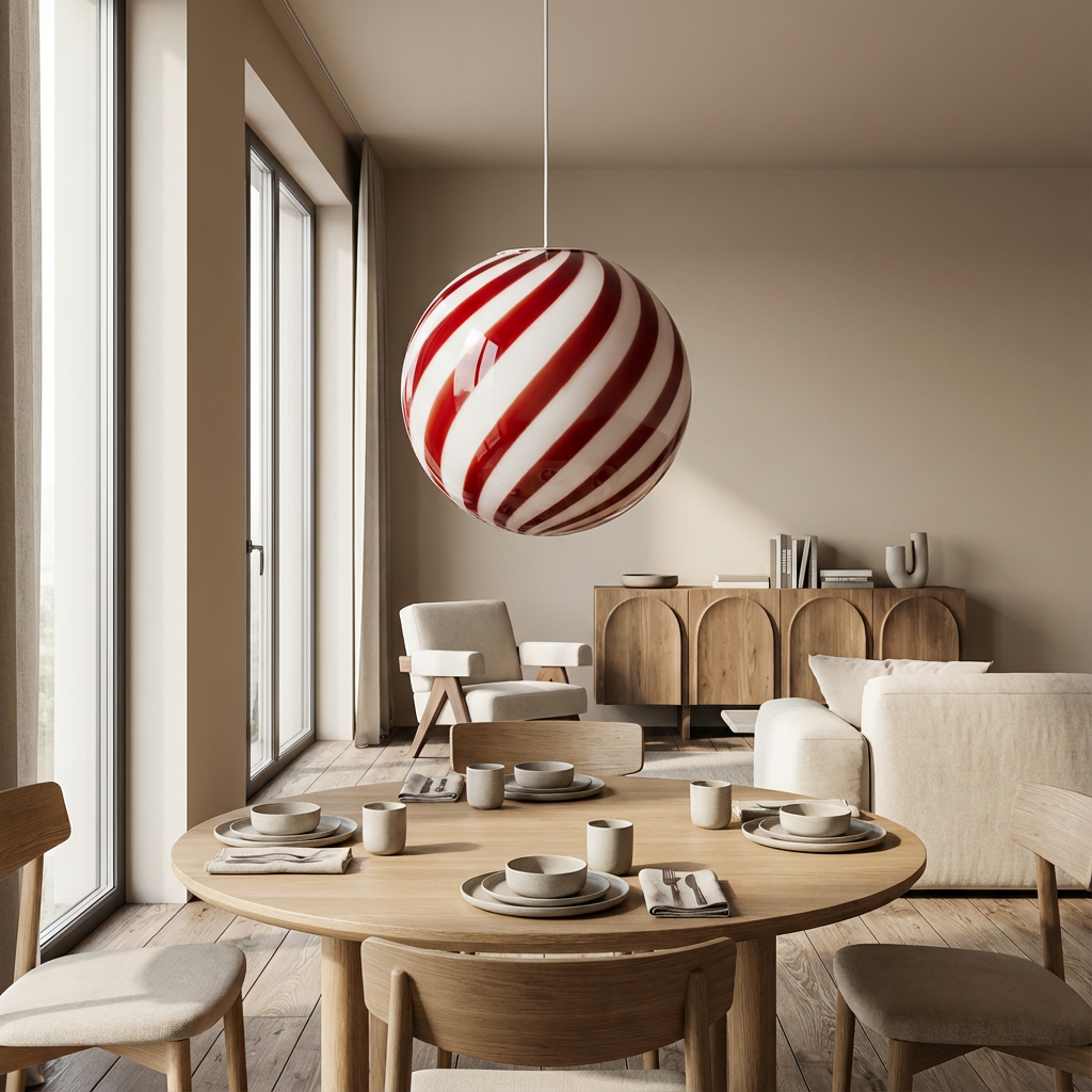 Lampada a sospensione Candy a sfera in vetro di Murano, rosso ciliegia a spirale D30