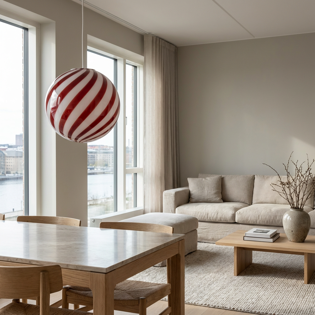 Lampada a sospensione Candy a sfera in vetro di Murano, rosso ciliegia a spirale D30