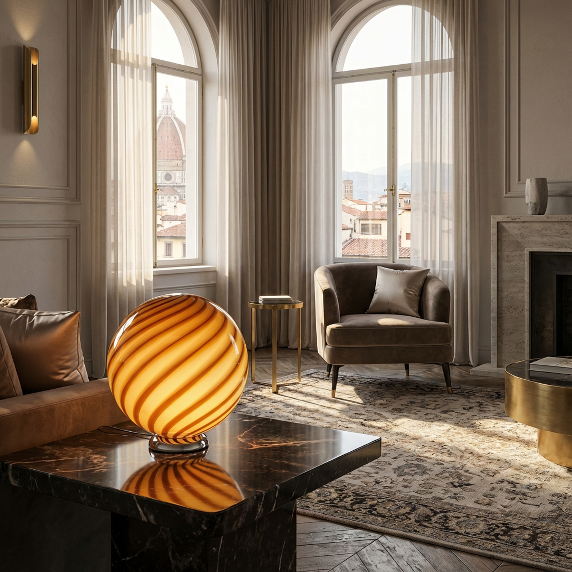 Candy Murano glass sphere table lamp honey yellow swirl D30