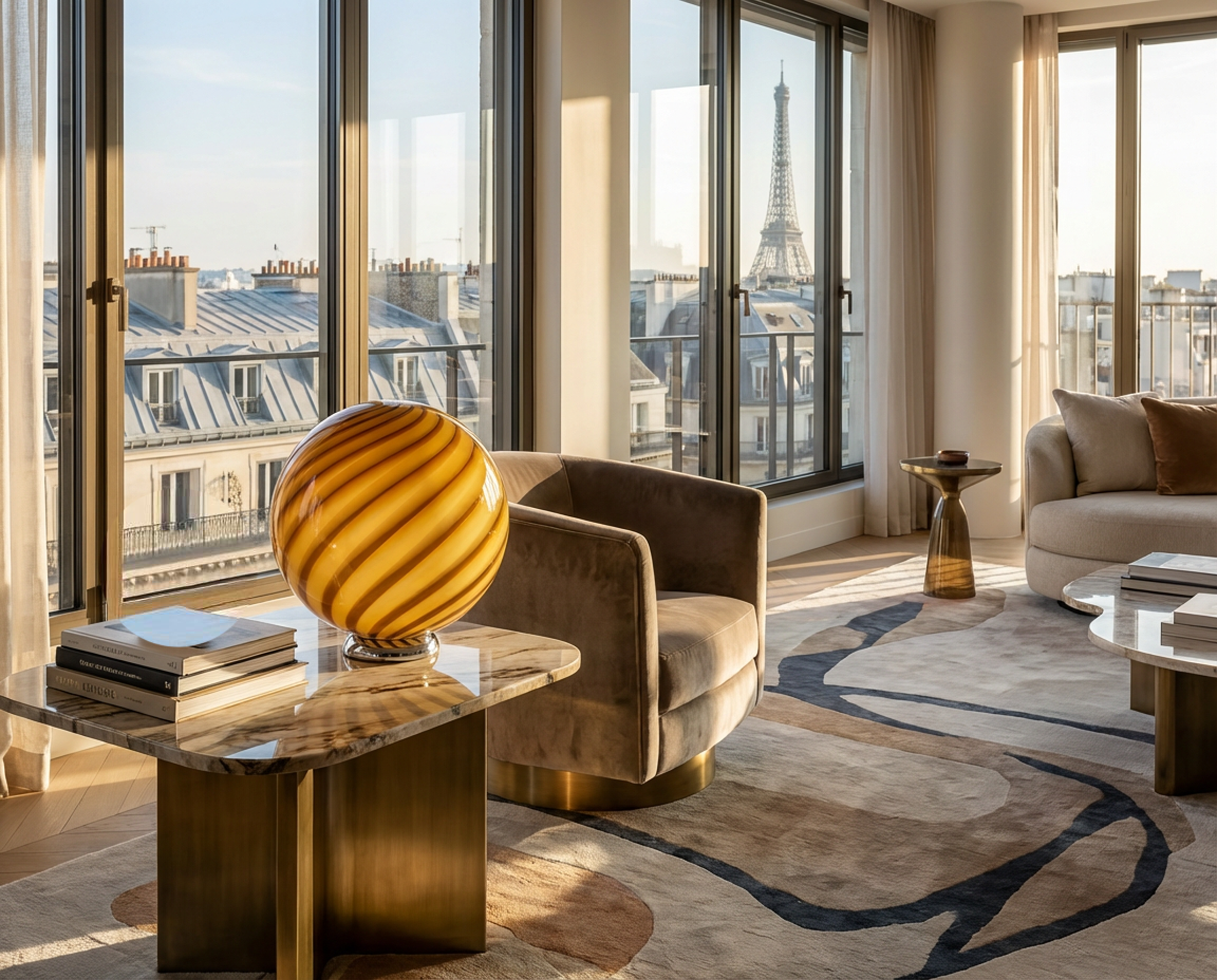 Candy Murano glass sphere table lamp honey yellow swirl D30