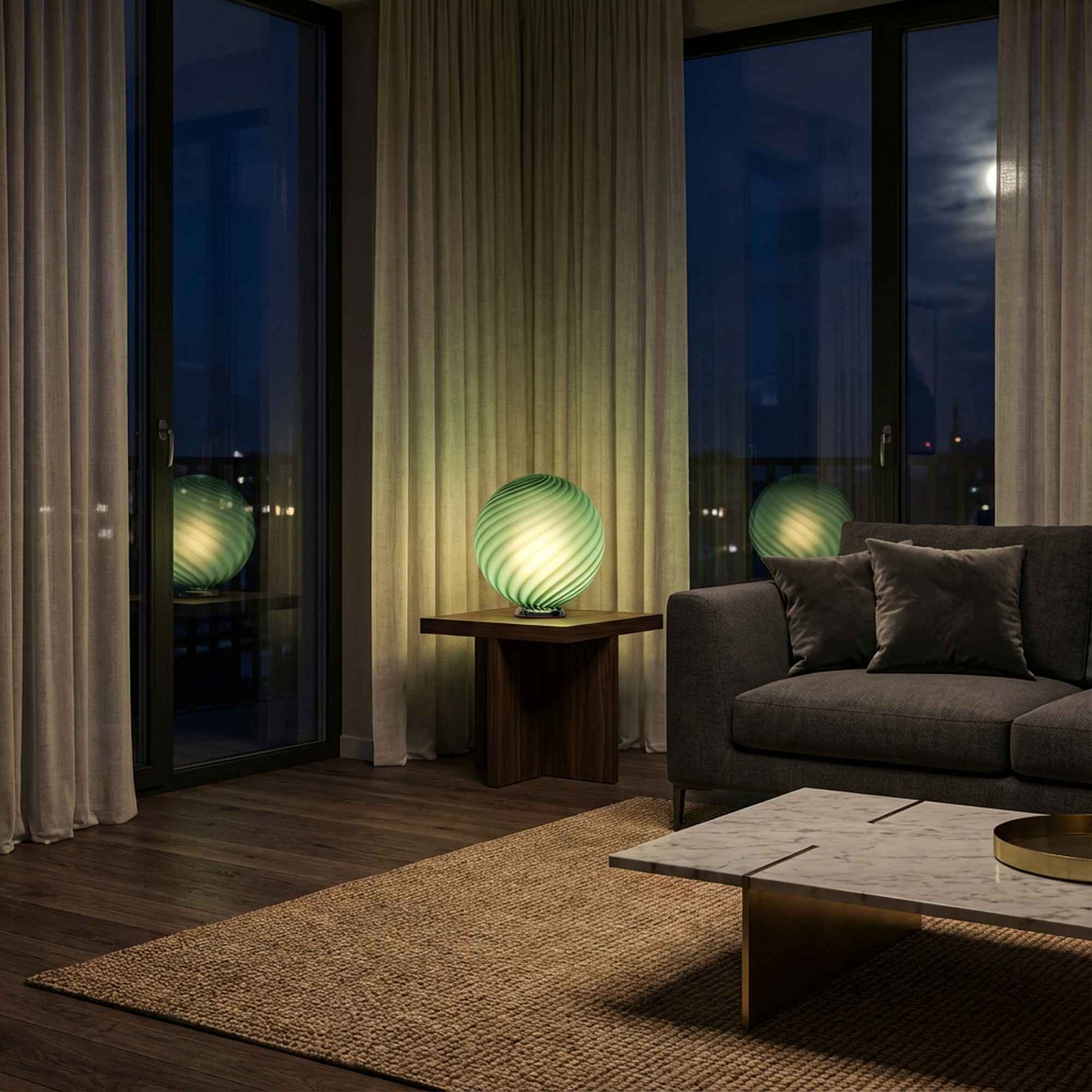 Lampada da tavolo Candy a sfera in vetro di Murano verde salvia a spirale D30