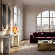 Candy Murano glass sphere table lamp "Una Festa!" red and yellow soft swirl D30