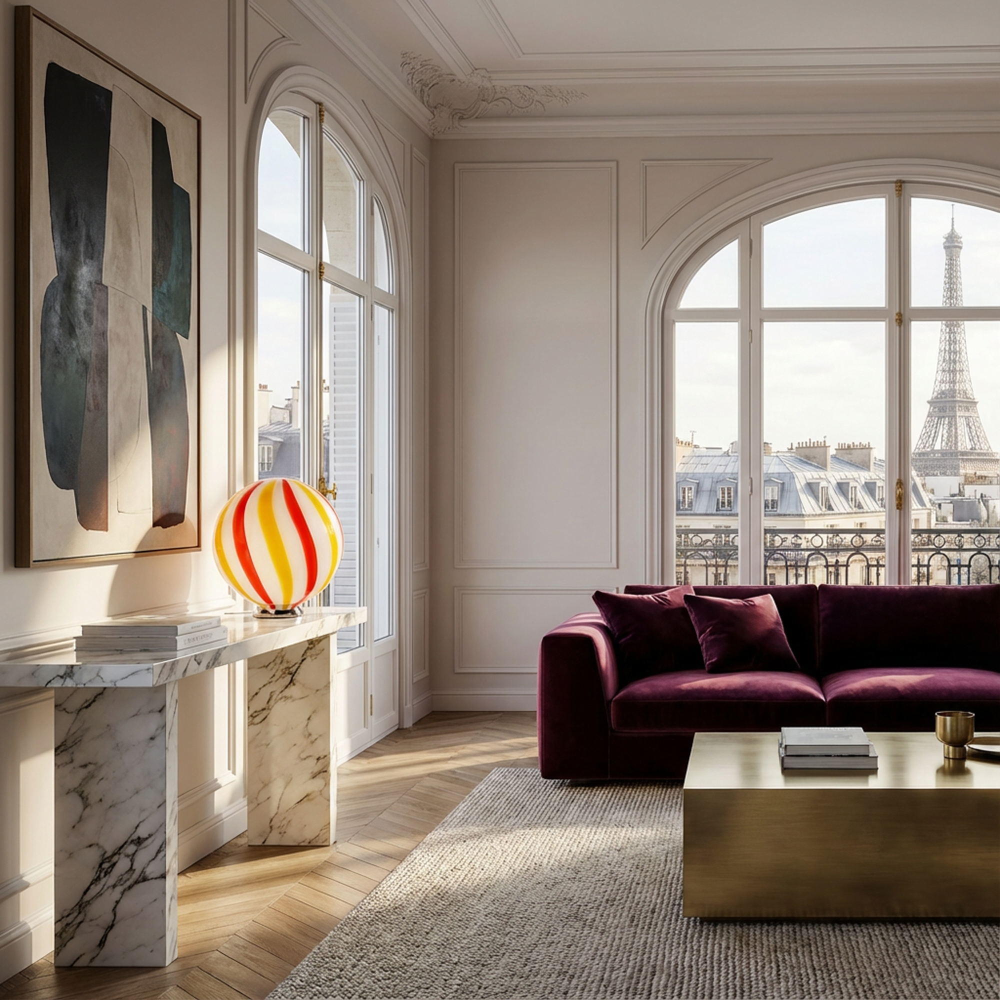 Candy Murano glass sphere table lamp "Una Festa!" red and yellow soft swirl D30