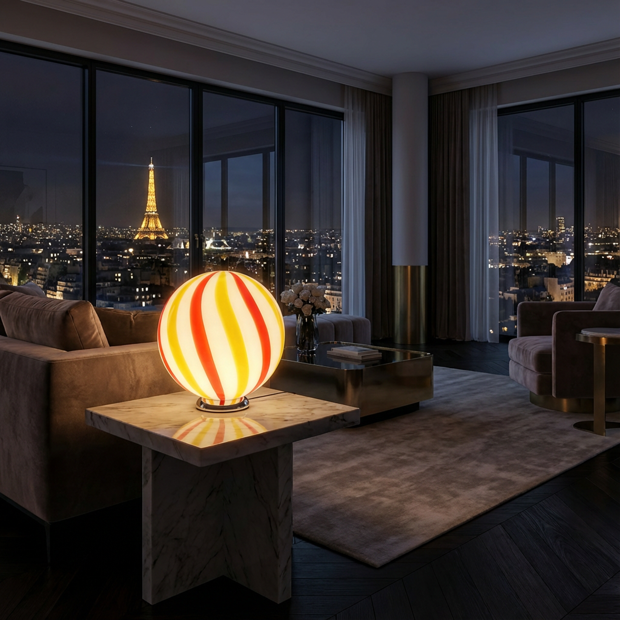 Candy Murano glass sphere table lamp "Una Festa!" red and yellow soft swirl D30