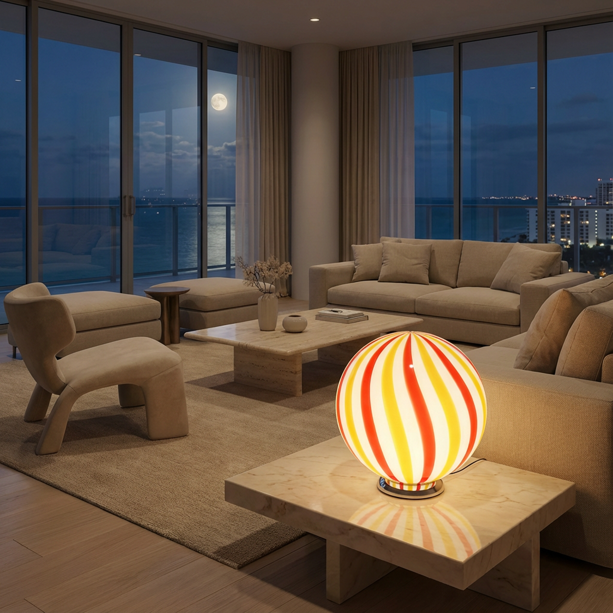 Candy Murano glass sphere table lamp "Una Festa!" red and yellow soft swirl D30