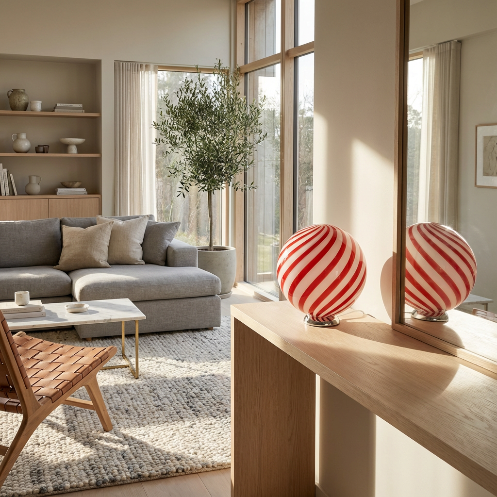 Lampada da tavolo Candy a sfera in vetro di Murano, spirale rosso ciliegia D30