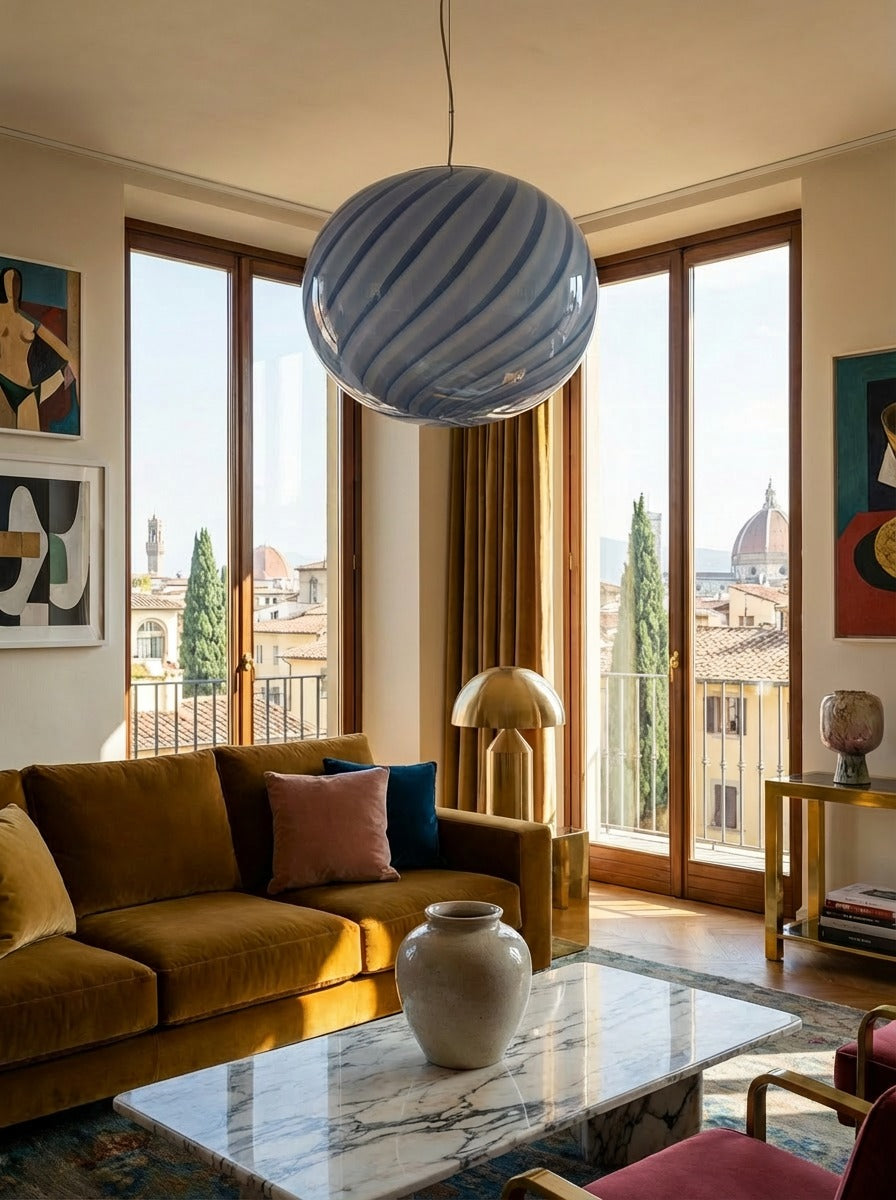 Candy Murano glass oval pendant lamp gelato blue swirl D40