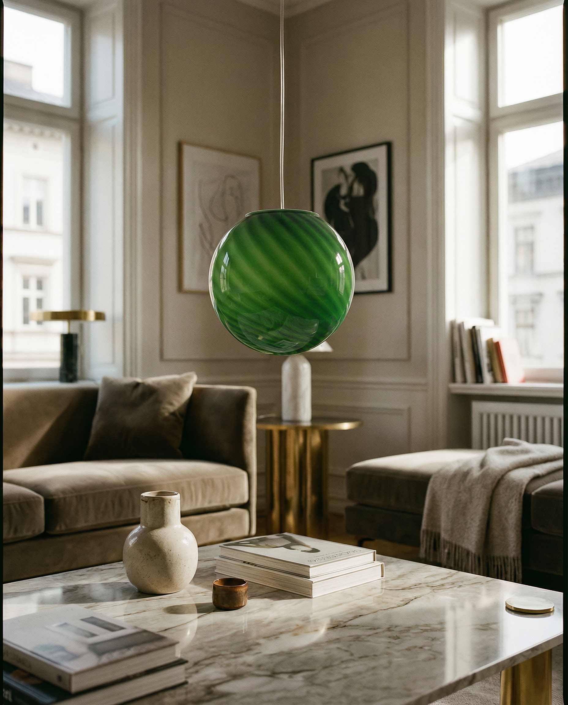 Lampada da tavolo Candy a sfera in vetro di Murano verde lime a spirale D20