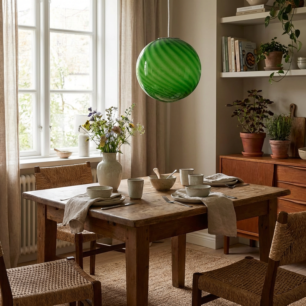 Candy Murano glass sphere pendant lamp green lime swirl D30