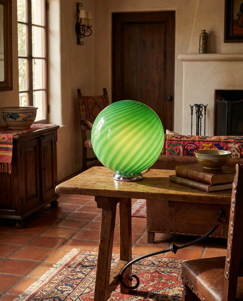 Lampada da tavolo Candy a sfera in vetro di Murano verde lime a spirale D30