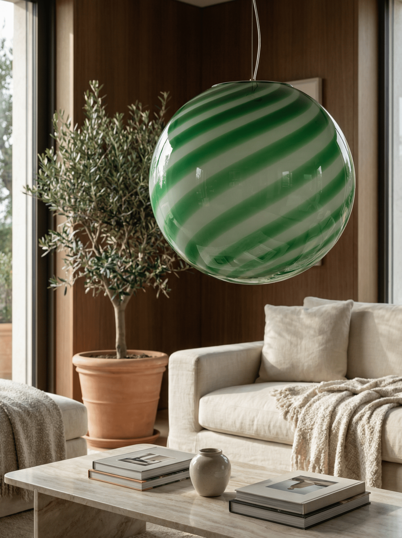 Candy Murano glass sphere pendant lamp green mint swirl D40