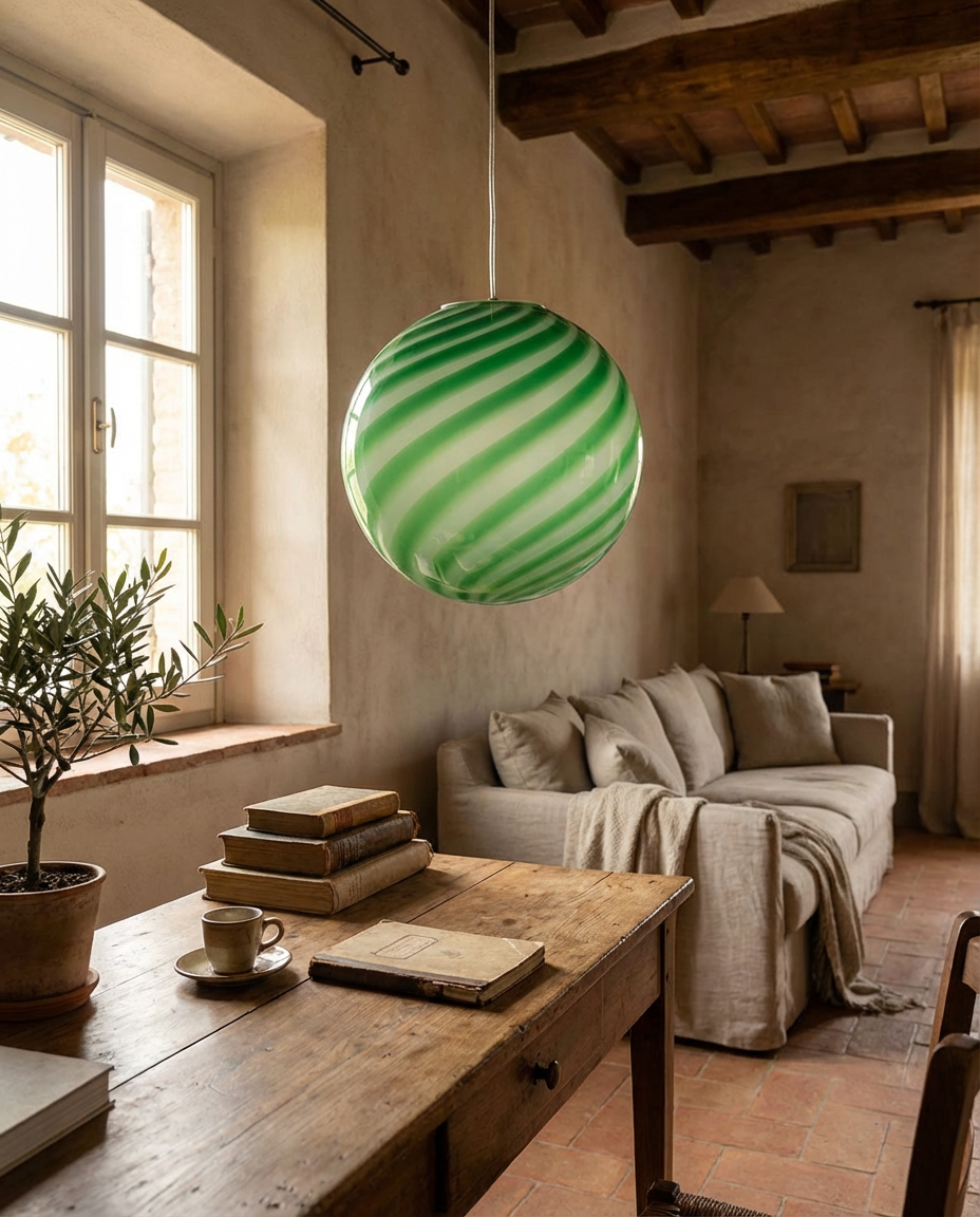 Candy Murano glass sphere pendant lamp green mint swirl D30