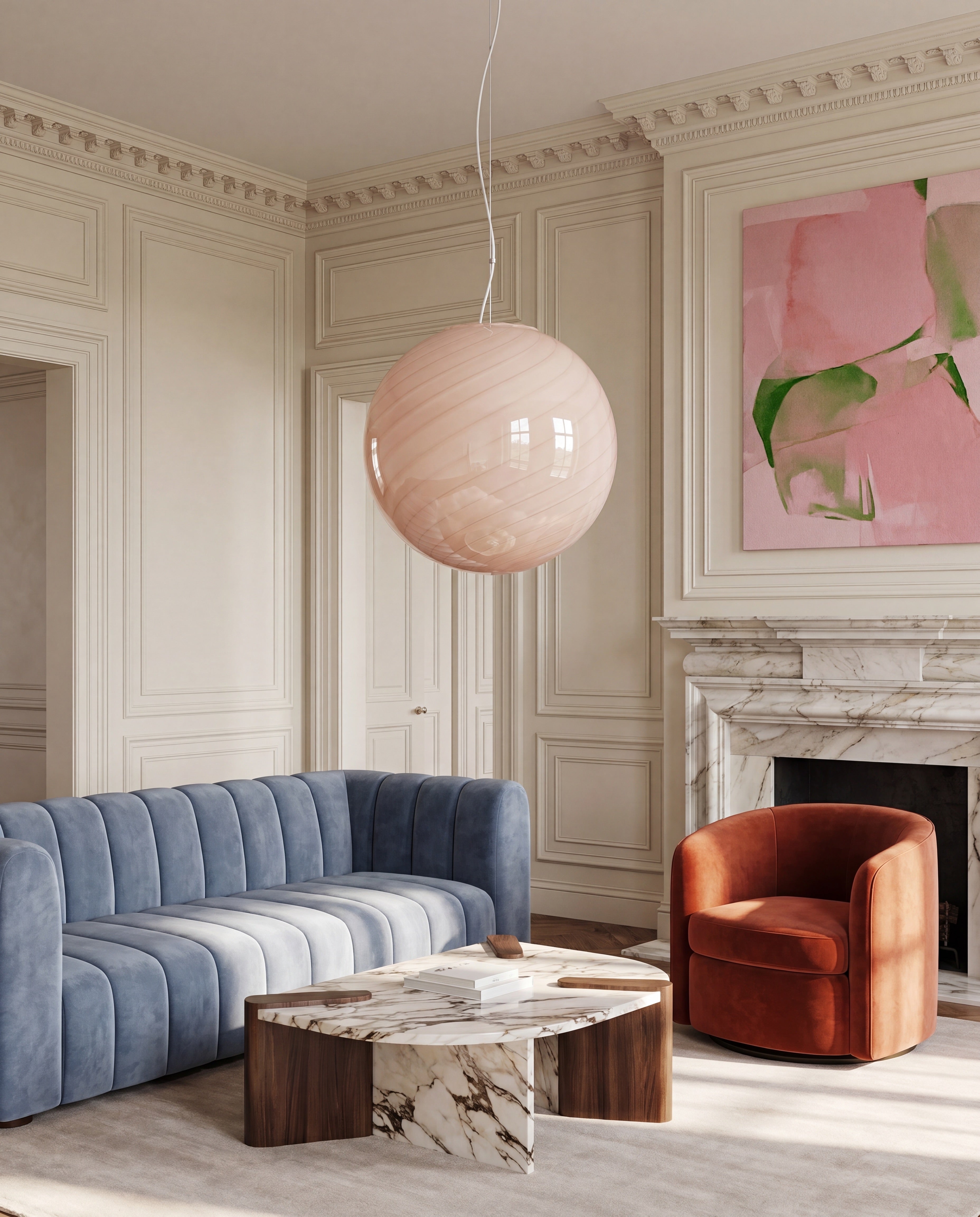 Candy Murano glass sphere pendant lamp peach swirl D40