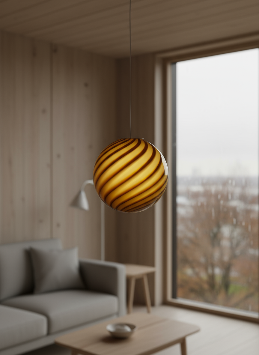 Lampada a sospensione Candy a sfera in vetro di Murano giallo miele a spirale D30
