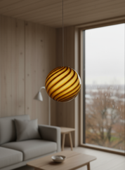 Lampada a sospensione Candy a sfera in vetro di Murano giallo miele a spirale D30