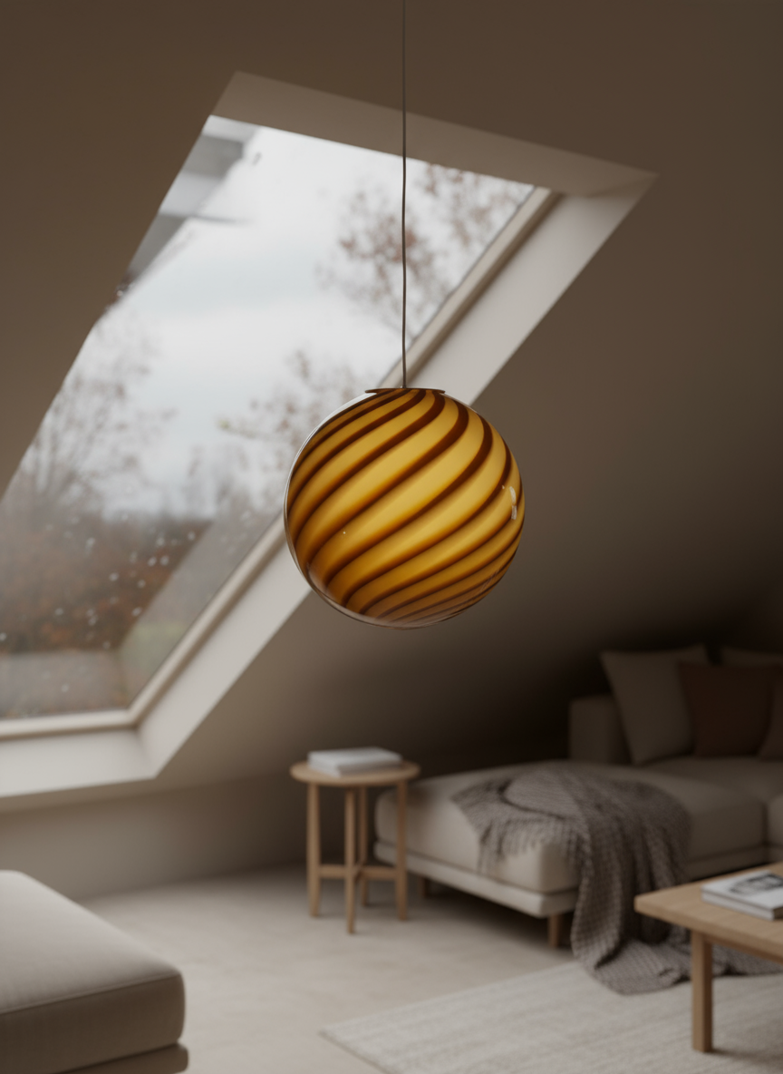 Lampada a sospensione Candy a sfera in vetro di Murano giallo miele a spirale D30