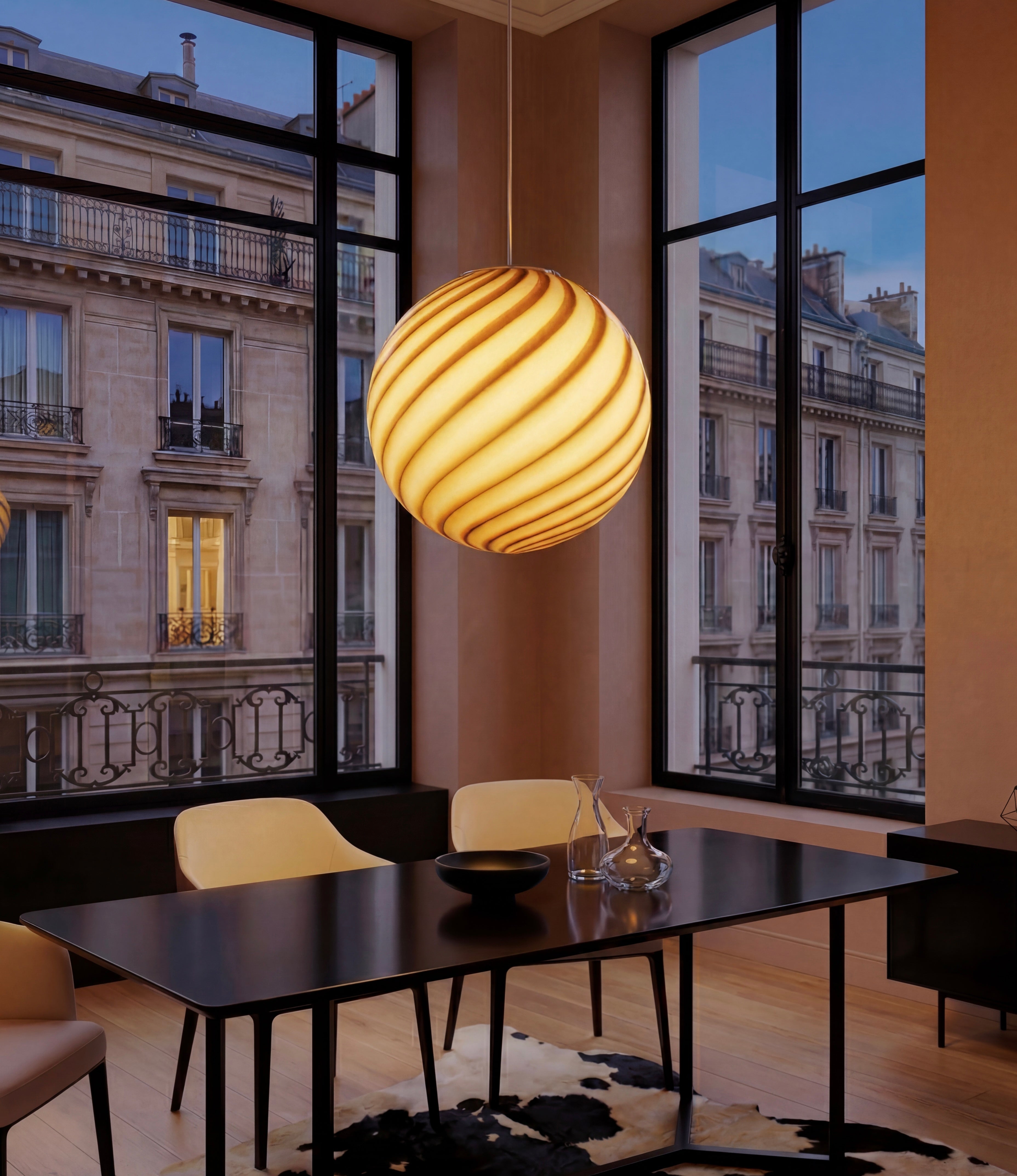 Lampada a sospensione Candy a sfera in vetro di Murano giallo miele a spirale D40