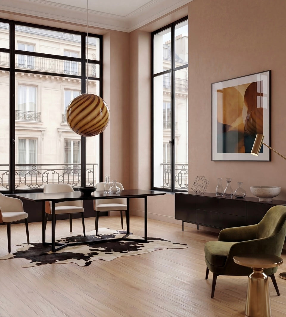 Lampada a sospensione Candy a sfera in vetro di Murano giallo miele a spirale D40