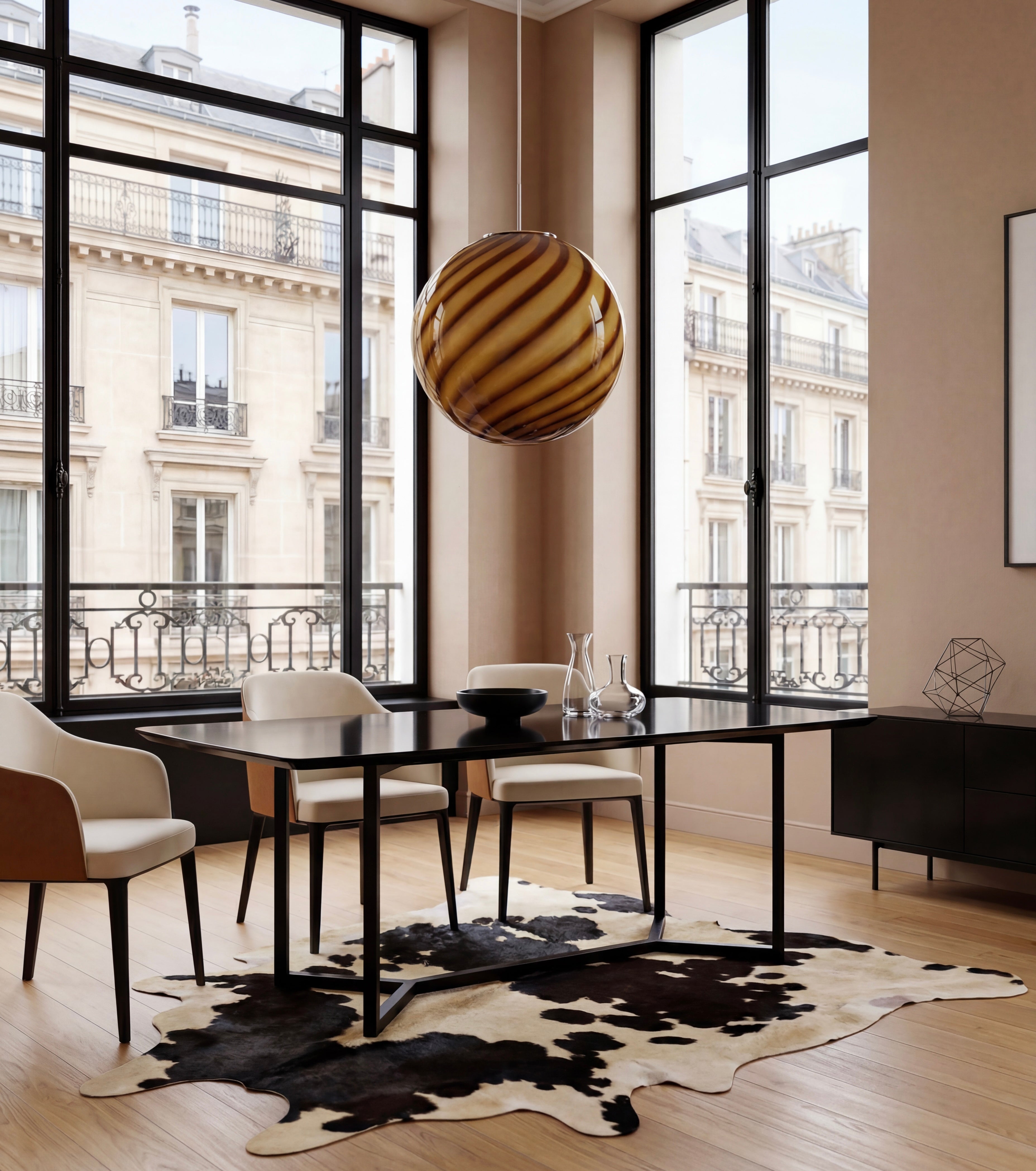 Lampada a sospensione Candy a sfera in vetro di Murano giallo miele a spirale D40