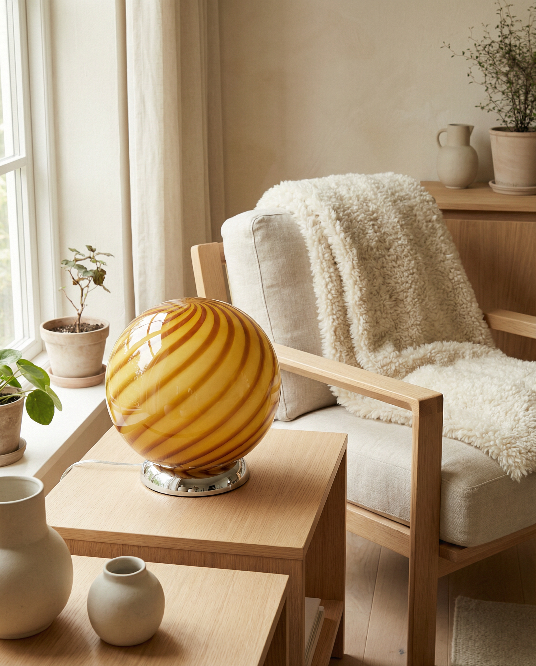 Lampada da tavolo Candy a sfera in vetro di Murano giallo miele a spirale D20