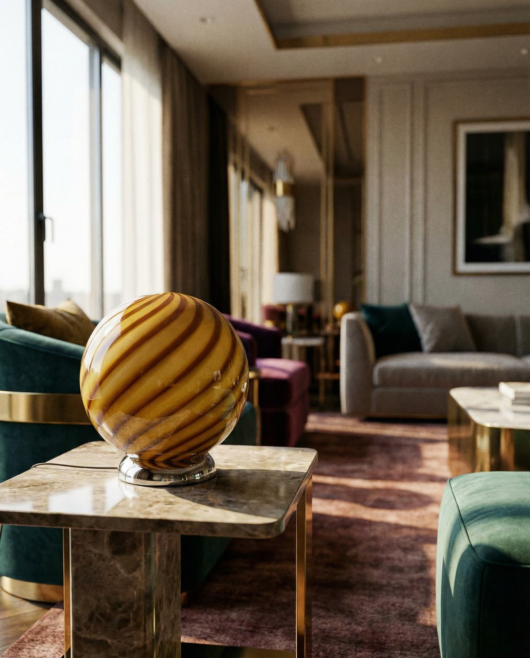 Lampada da tavolo Candy a sfera in vetro di Murano giallo miele a spirale D20