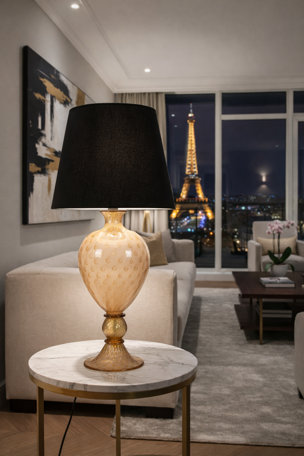 Lampada da tavolo "Venezia" con lavorazione a balloton, oro 24Kt e rosa cipria