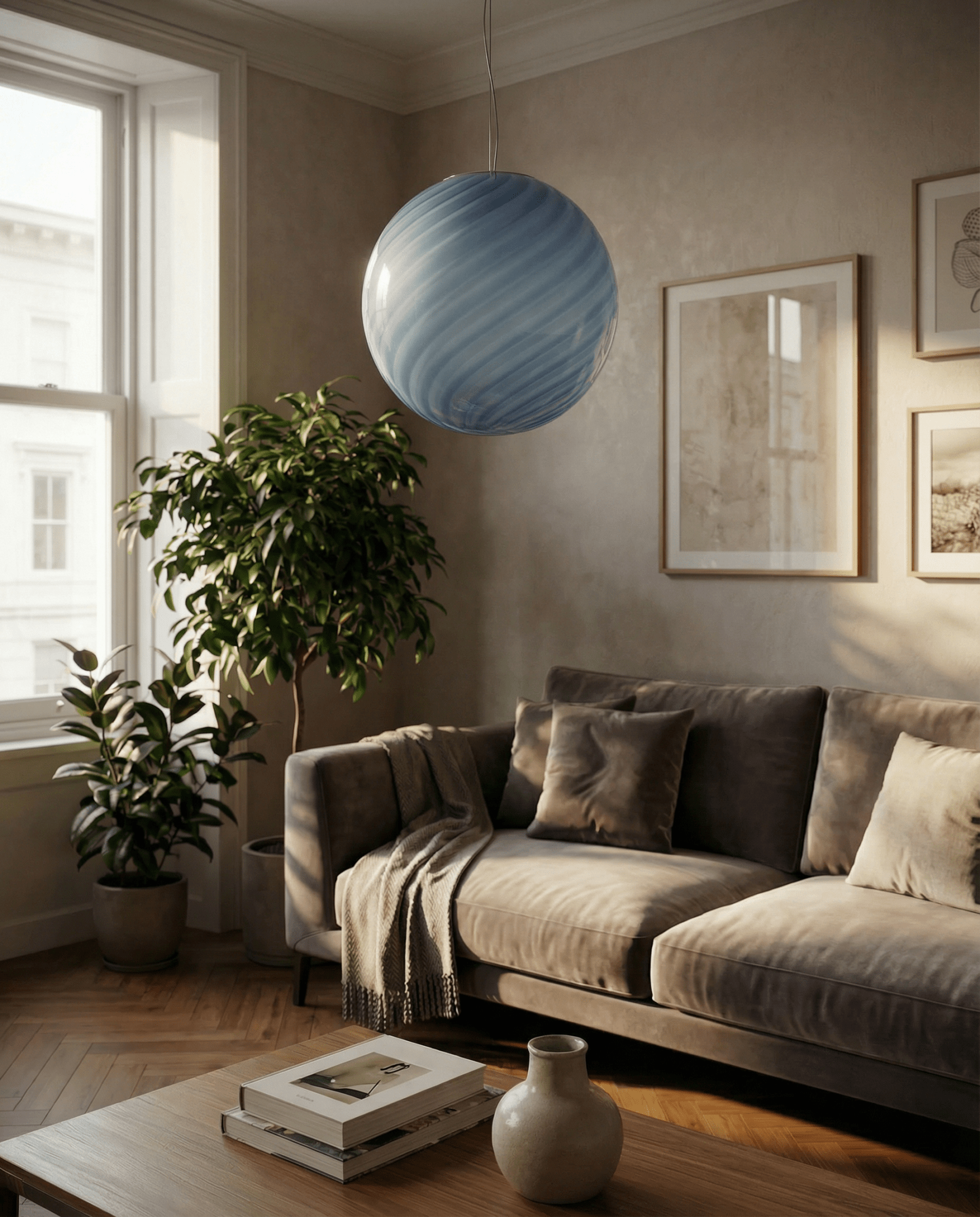 Candy Murano glass sphere pendant lamp light blue swirl D40