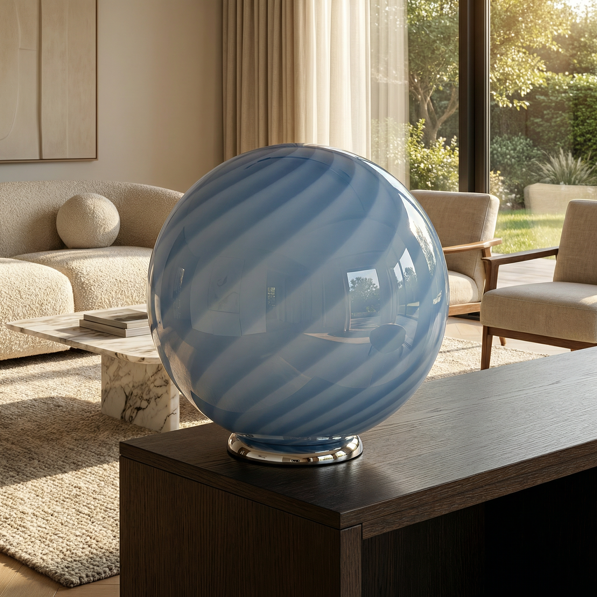 Lampada da tavolo Candy a sfera in vetro di Murano, azzurro chiaro vortice D40