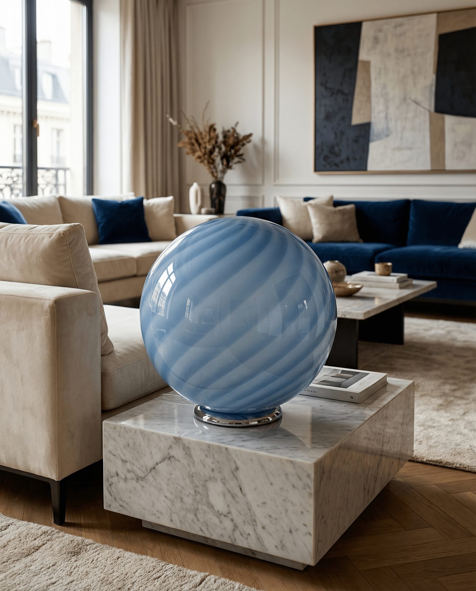 Candy Murano glass sphere table lamp light blue swirl D40