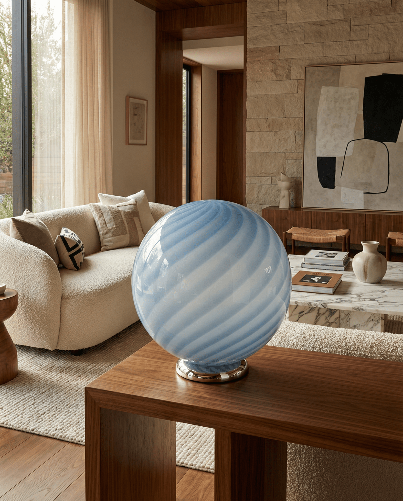 Candy Murano glass sphere table lamp light blue swirl D40