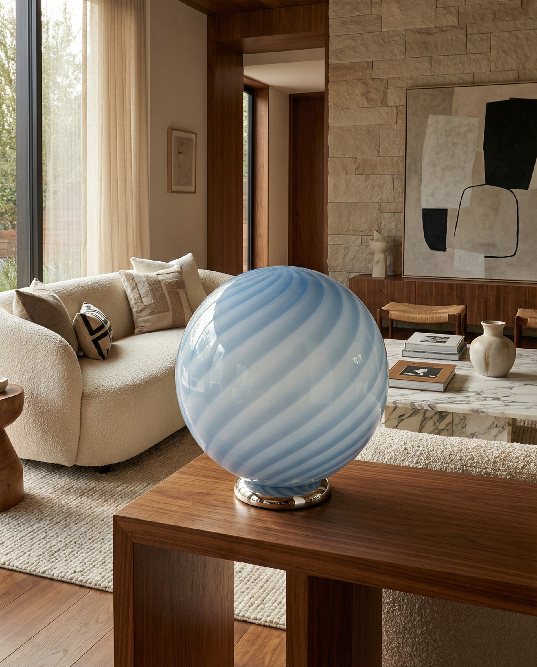 Lampada da tavolo Candy a sfera in vetro di Murano, azzurro chiaro vortice D40