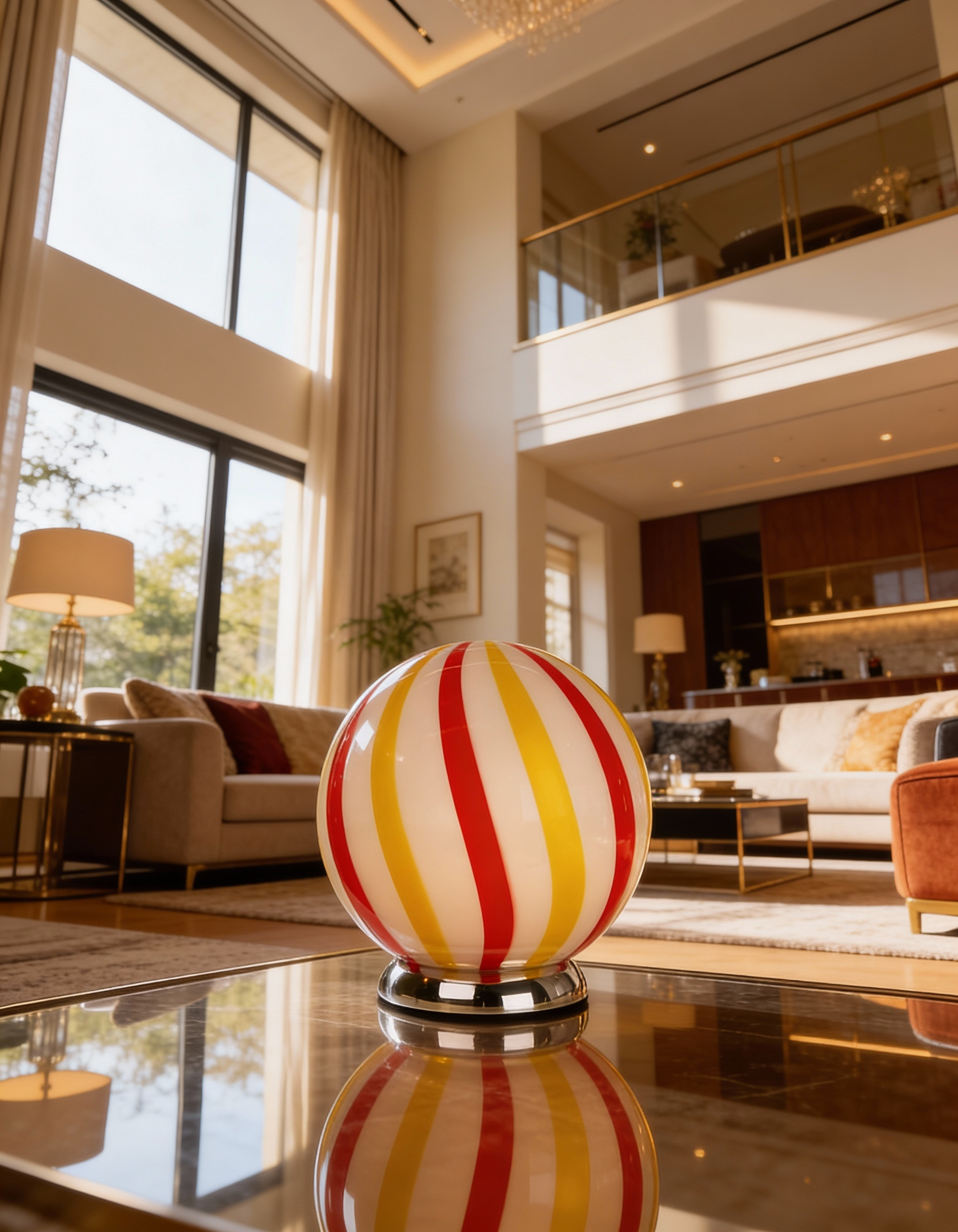 Lampada da tavolo Candy a sfera "Una Festa!", in vetro di Murano rosso e giallo con vortice morbido D20