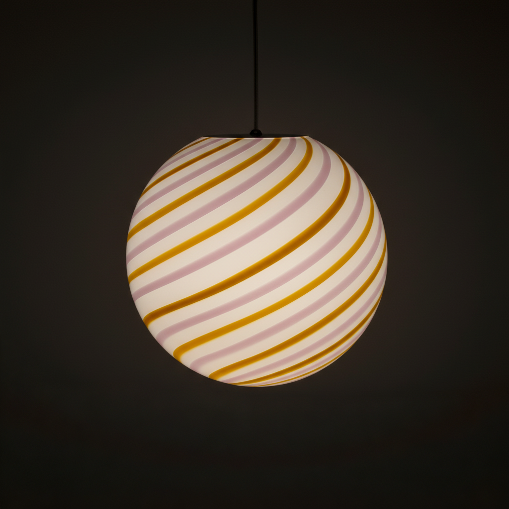 Candy Murano glass sphere pendant lamp "Love & Senape" pink and yellow swirl D30