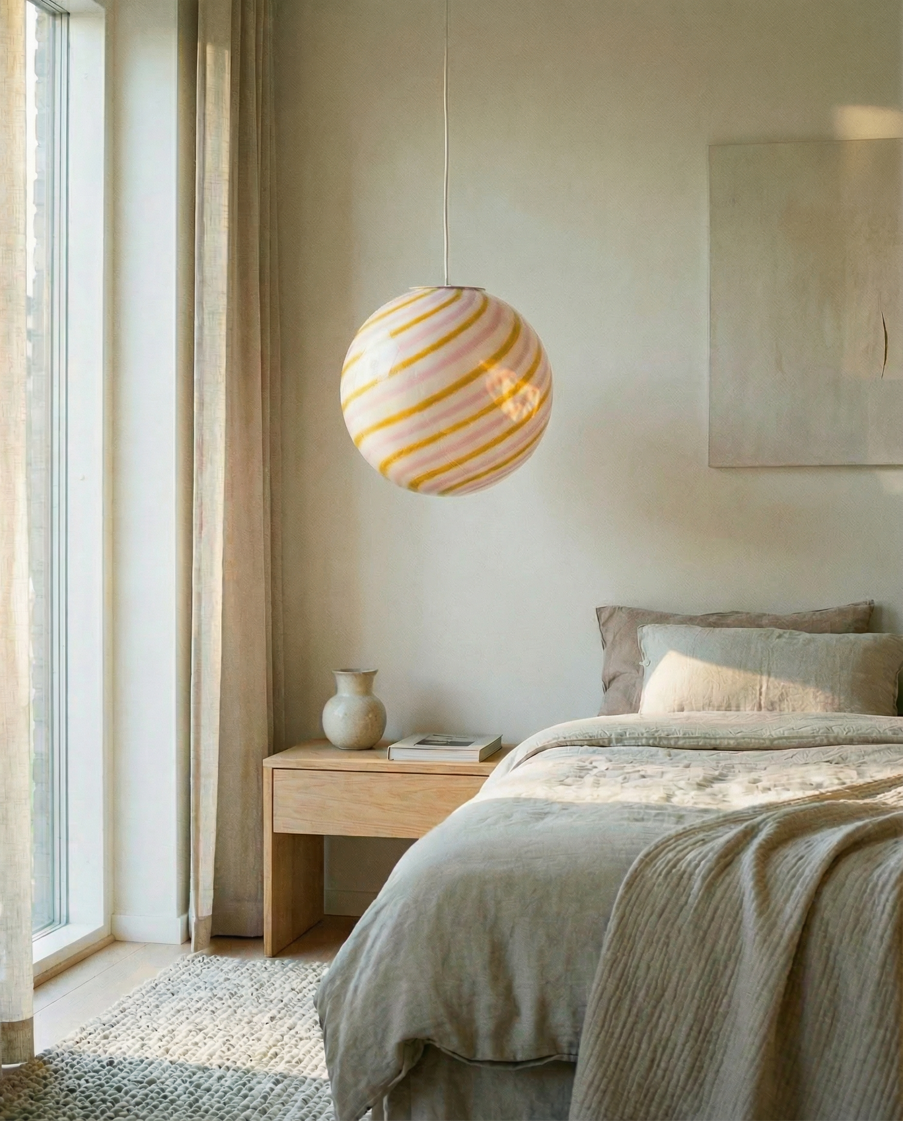 Candy Murano glass sphere pendant lamp "Love & Senape" pink and yellow swirl D30