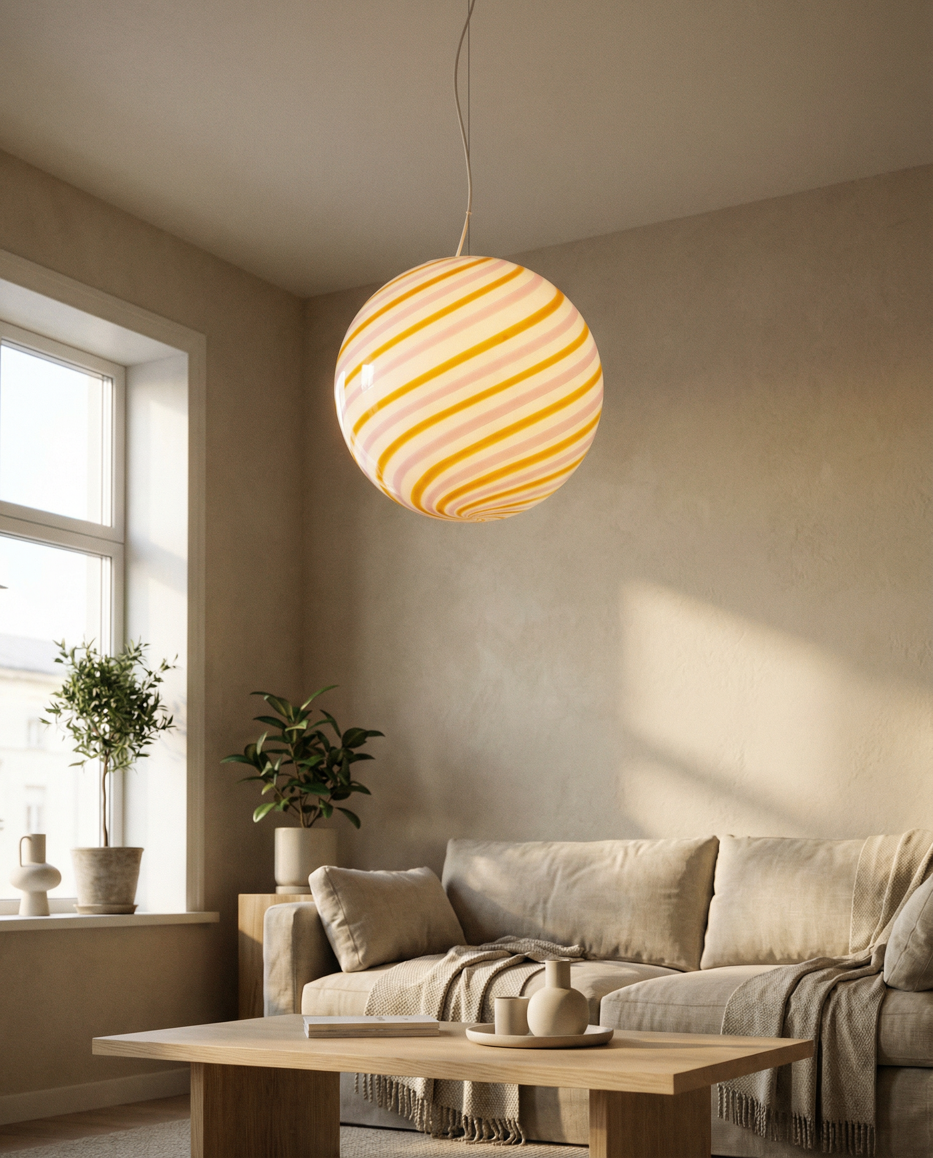 Lampada a sospensione Candy a sfera in vetro di Murano "Love & Senape" spirale rosa e gialla D40