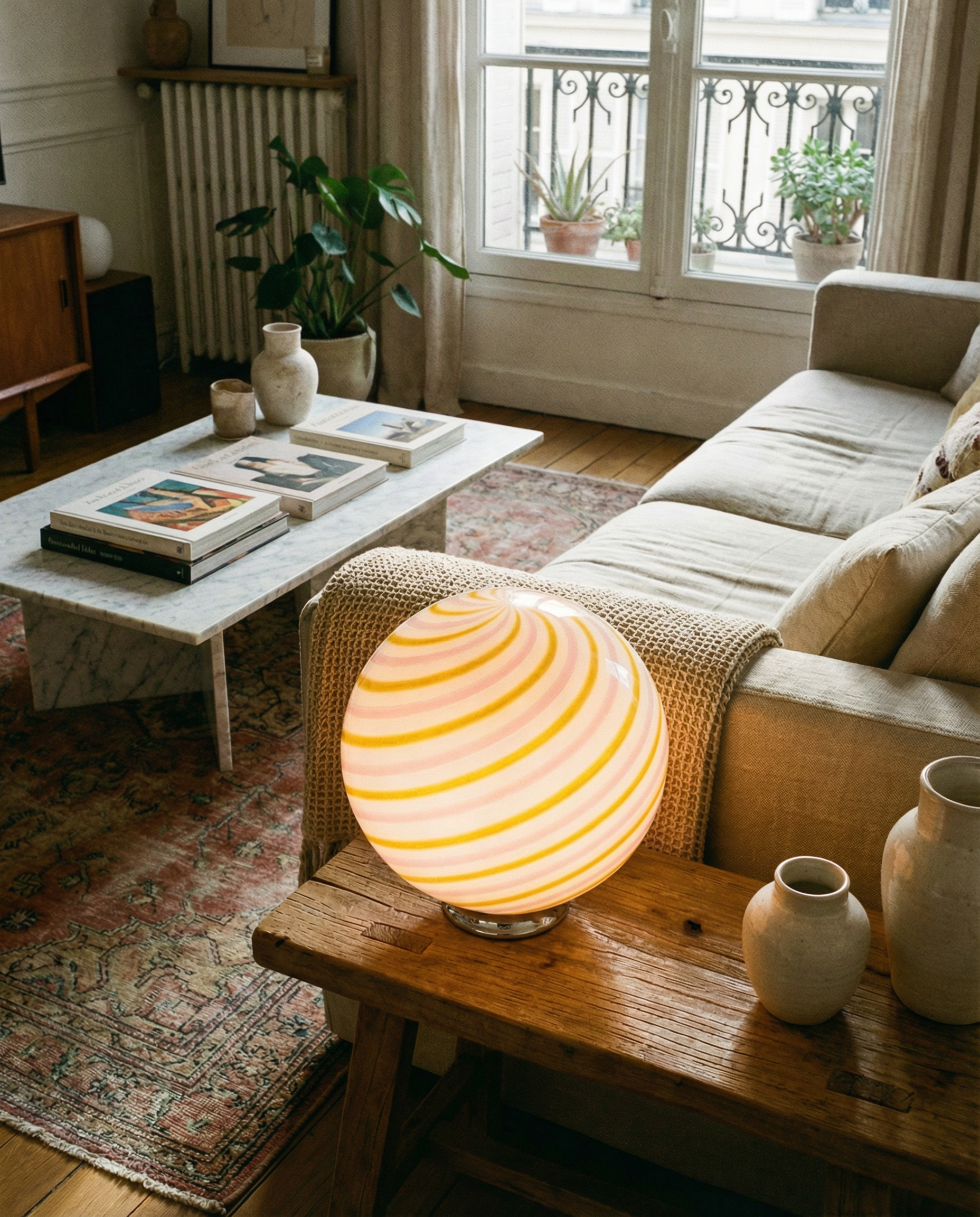 Candy Murano glass sphere table lamp "Love & Senape" pink and yellow swirl D30
