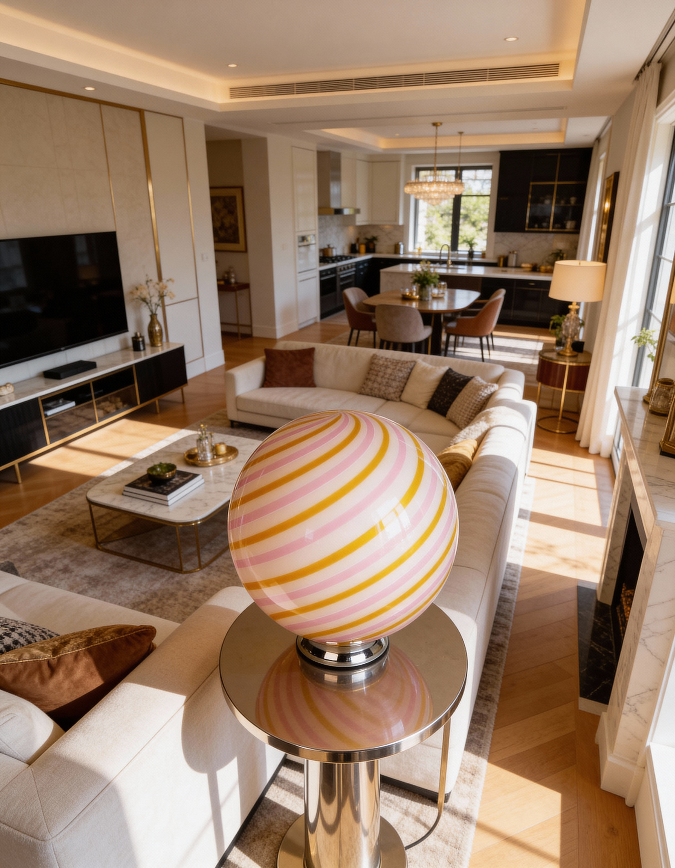 Candy Murano glass sphere table lamp "Love & Senape" pink and yellow swirl D30