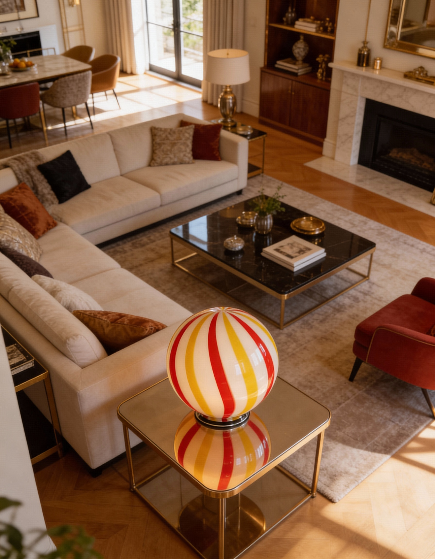 Candy Murano glass sphere table lamp "Una Festa!" red and yellow soft swirl D40