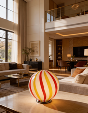 Candy Murano glass sphere table lamp "Una Festa!" red and yellow soft swirl D40